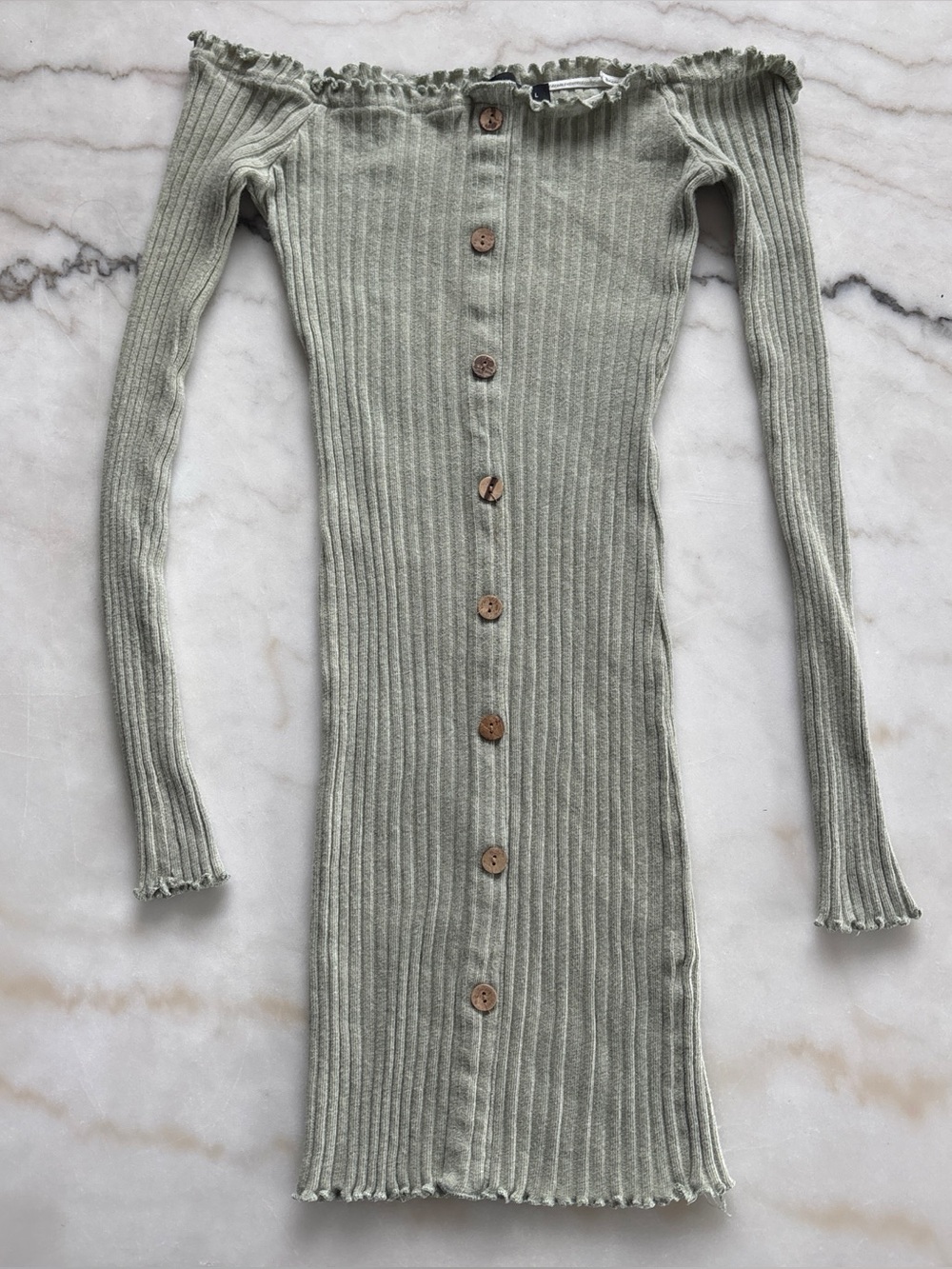 J Roberts Sage Green Off Shoulder Ribbed Lettuce Edge Button Front Mini Dress